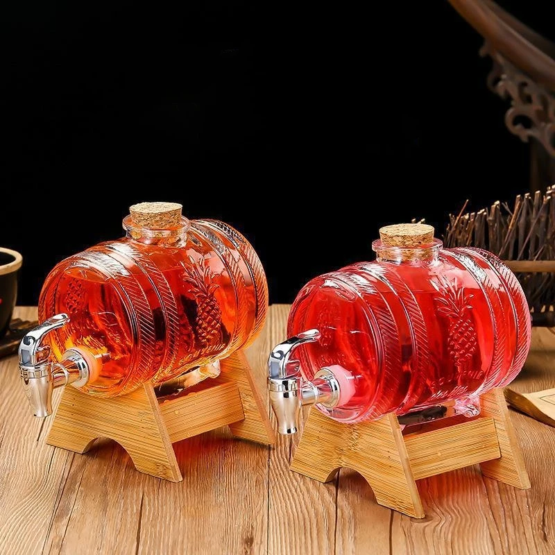 1L Glass Whiskey Barrel Wine Barrel Beer Bottle Fruit Aging Alcohol Honey Storage Container With Base Faucet Bar Tool