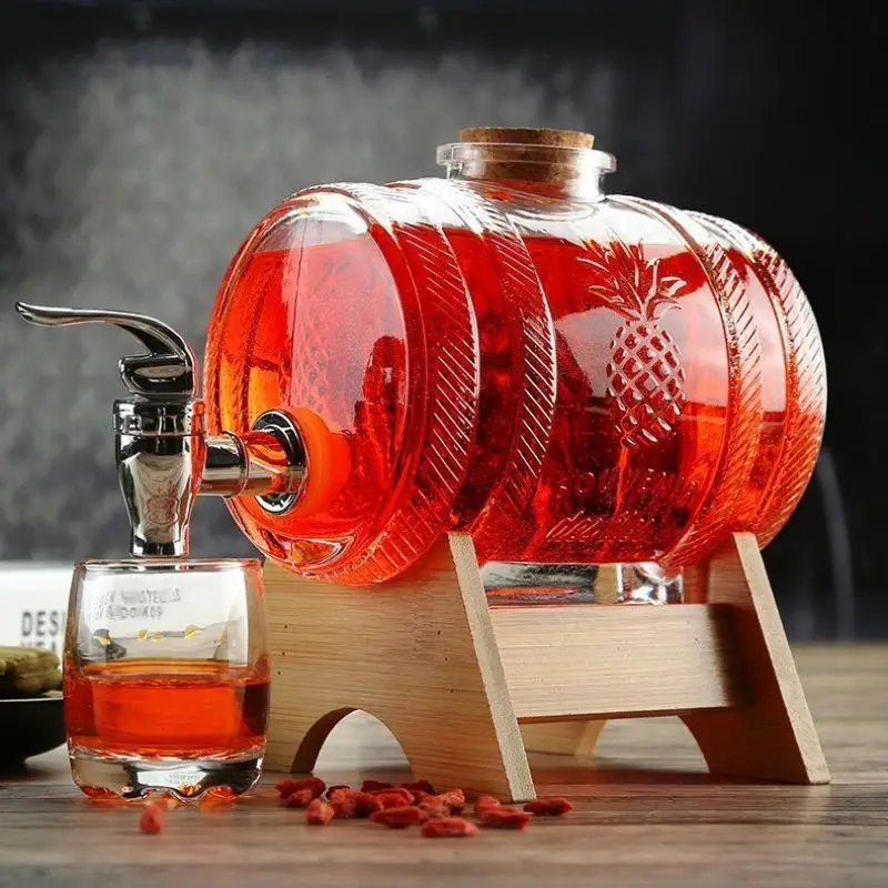 1L Glass Whiskey Barrel Wine Barrel Beer Bottle Fruit Aging Alcohol Honey Storage Container With Base Faucet Bar Tool