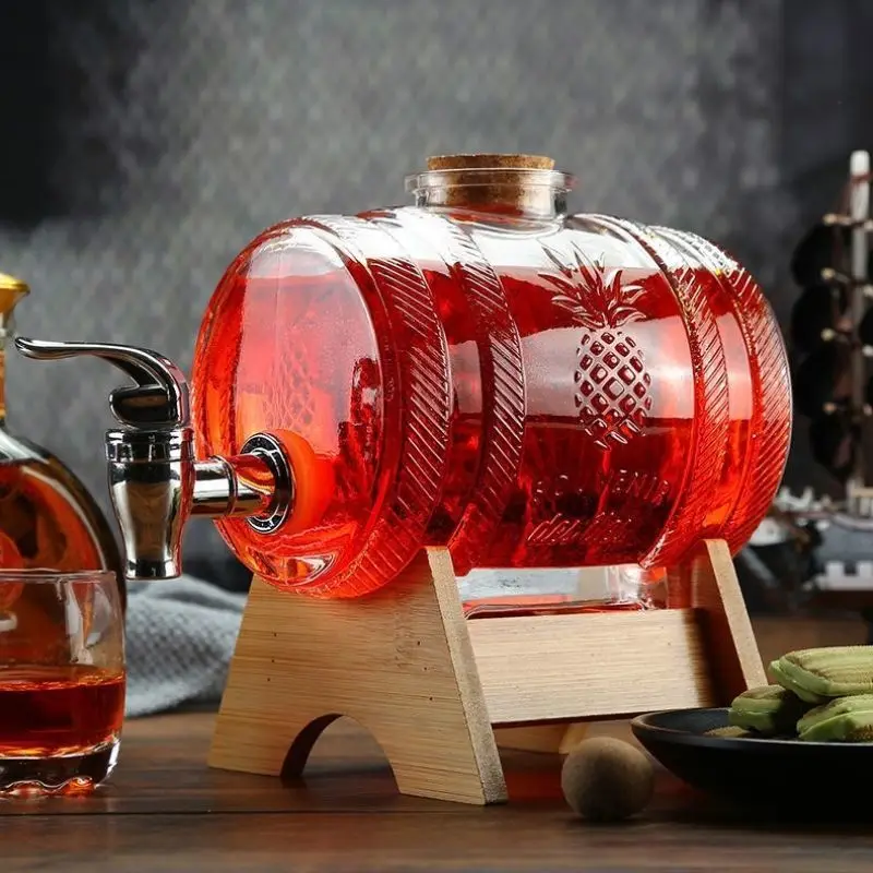 1L Glass Whiskey Barrel Wine Barrel Beer Bottle Fruit Aging Alcohol Honey Storage Container With Base Faucet Bar Tool