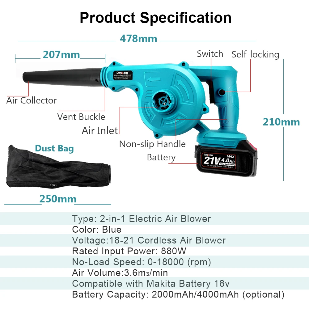 2 in 1 21V Cordless Electric Air Blower and Suction Leaf Computer Dust Cleaner Collector Power Tools