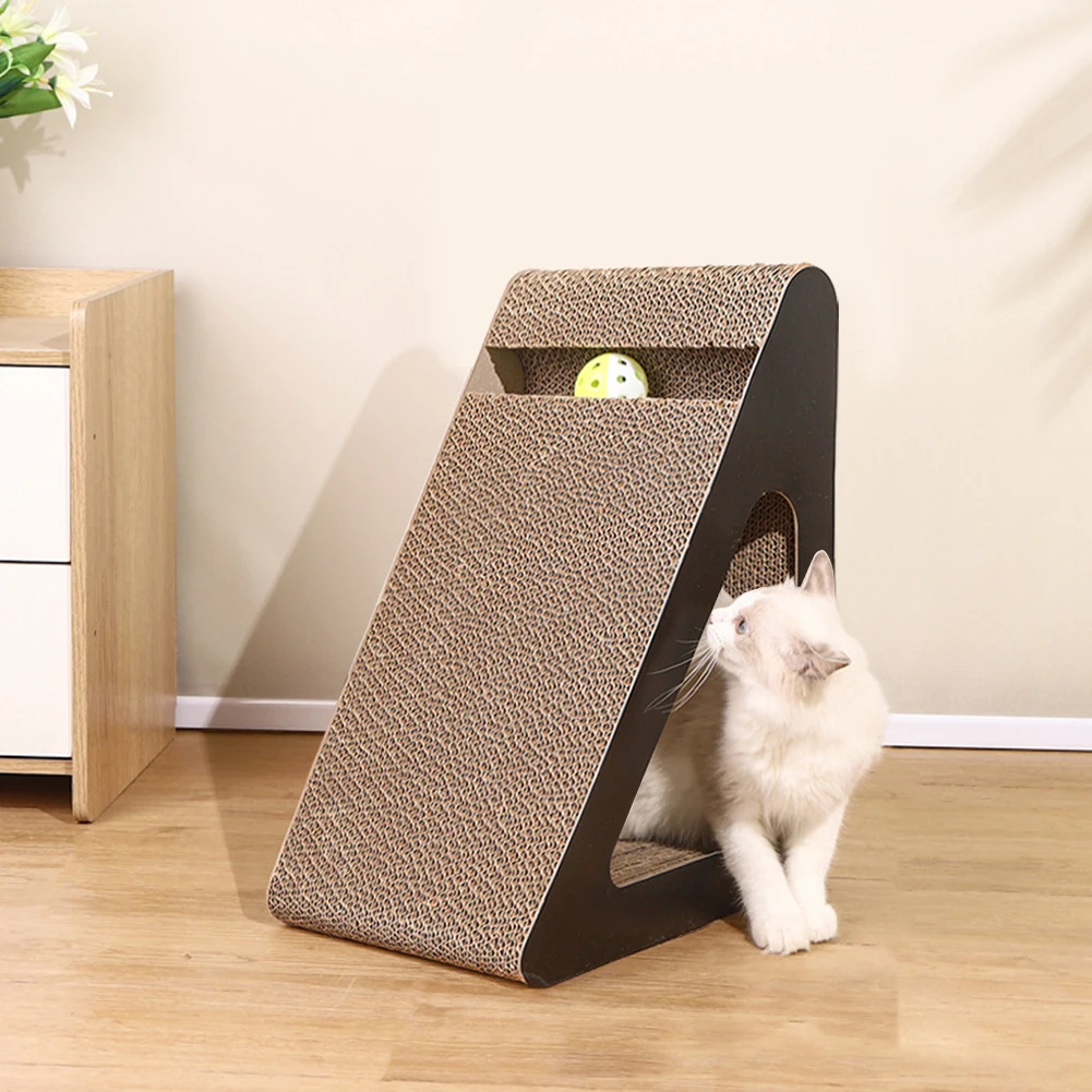 2 In 1 Cat Scratcher Cardboard Triangles Shaped With Spinnings Balls Sturdy Anti-Scratch Relieves Cat Stress Toy For