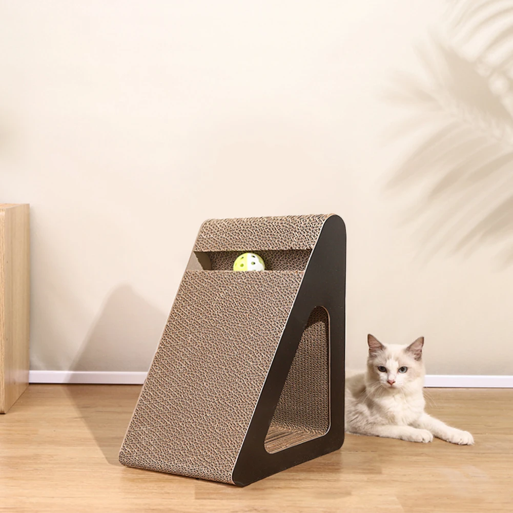 2 In 1 Cat Scratcher Cardboard Triangles Shaped With Spinnings Balls Sturdy Anti-Scratch Relieves Cat Stress Toy For