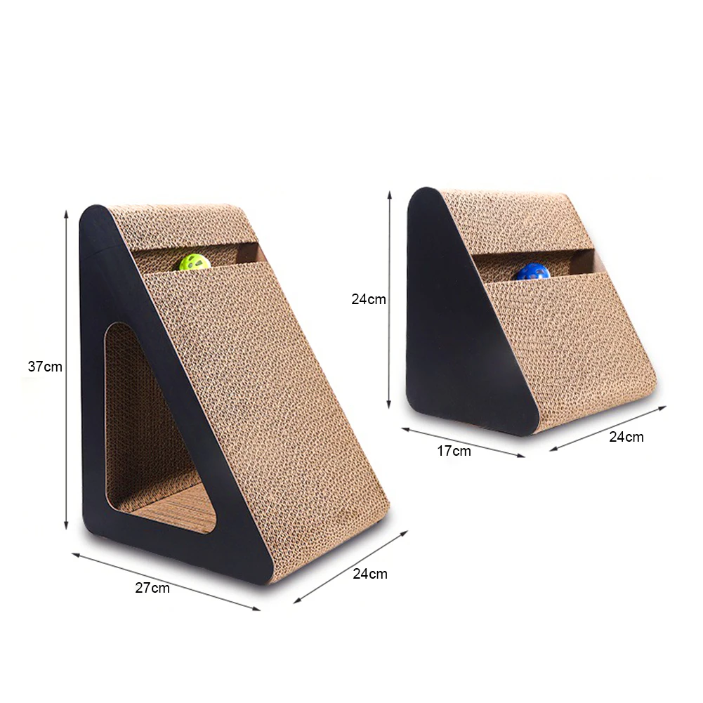 2 In 1 Cat Scratcher Cardboard Triangles Shaped With Spinnings Balls Sturdy Anti-Scratch Relieves Cat Stress Toy For