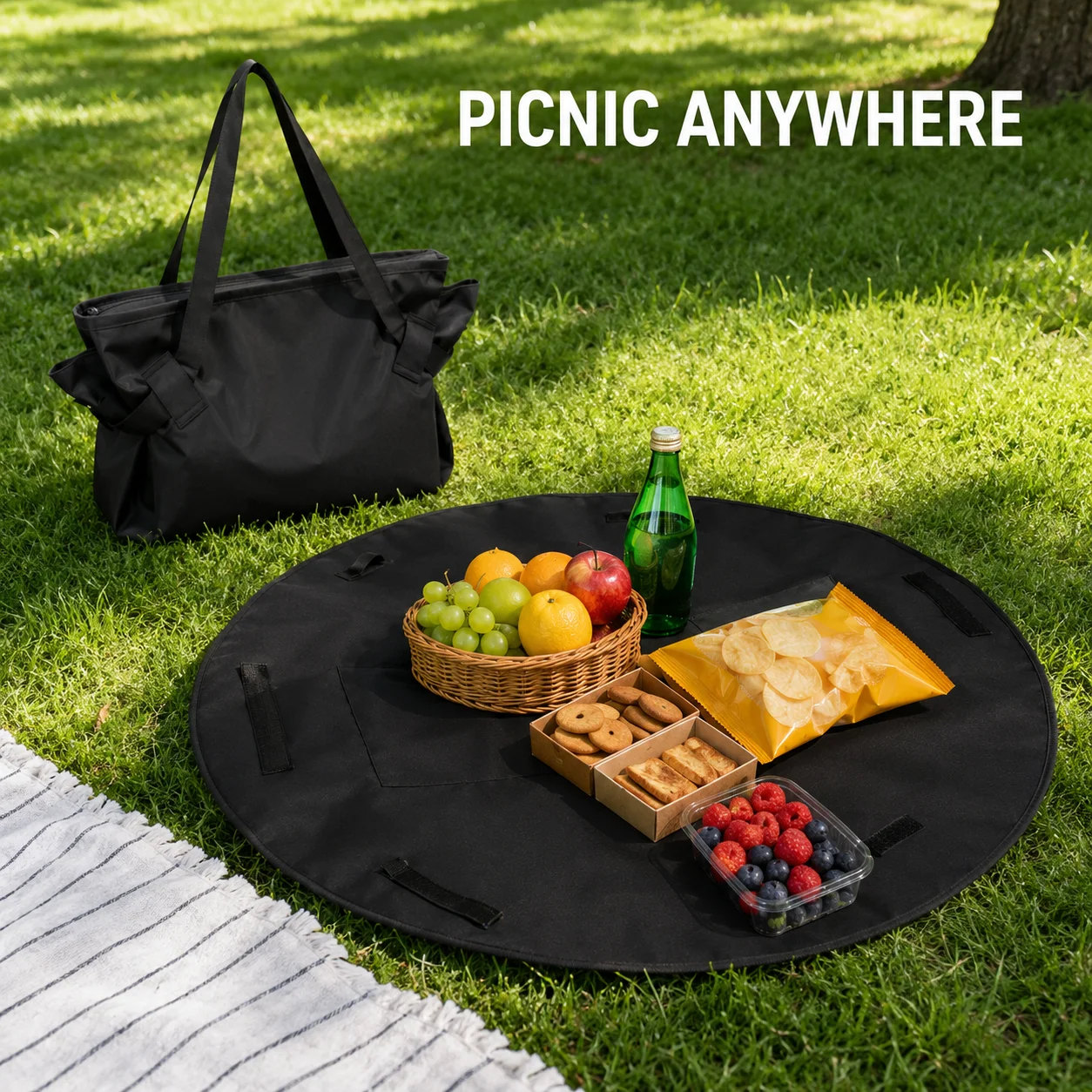 2 in 1 Convertible Picnic Mat Tote Bag 100cm Round Outdoor Blanket Large Capacity Shoulder Bag for Camping Beach Park