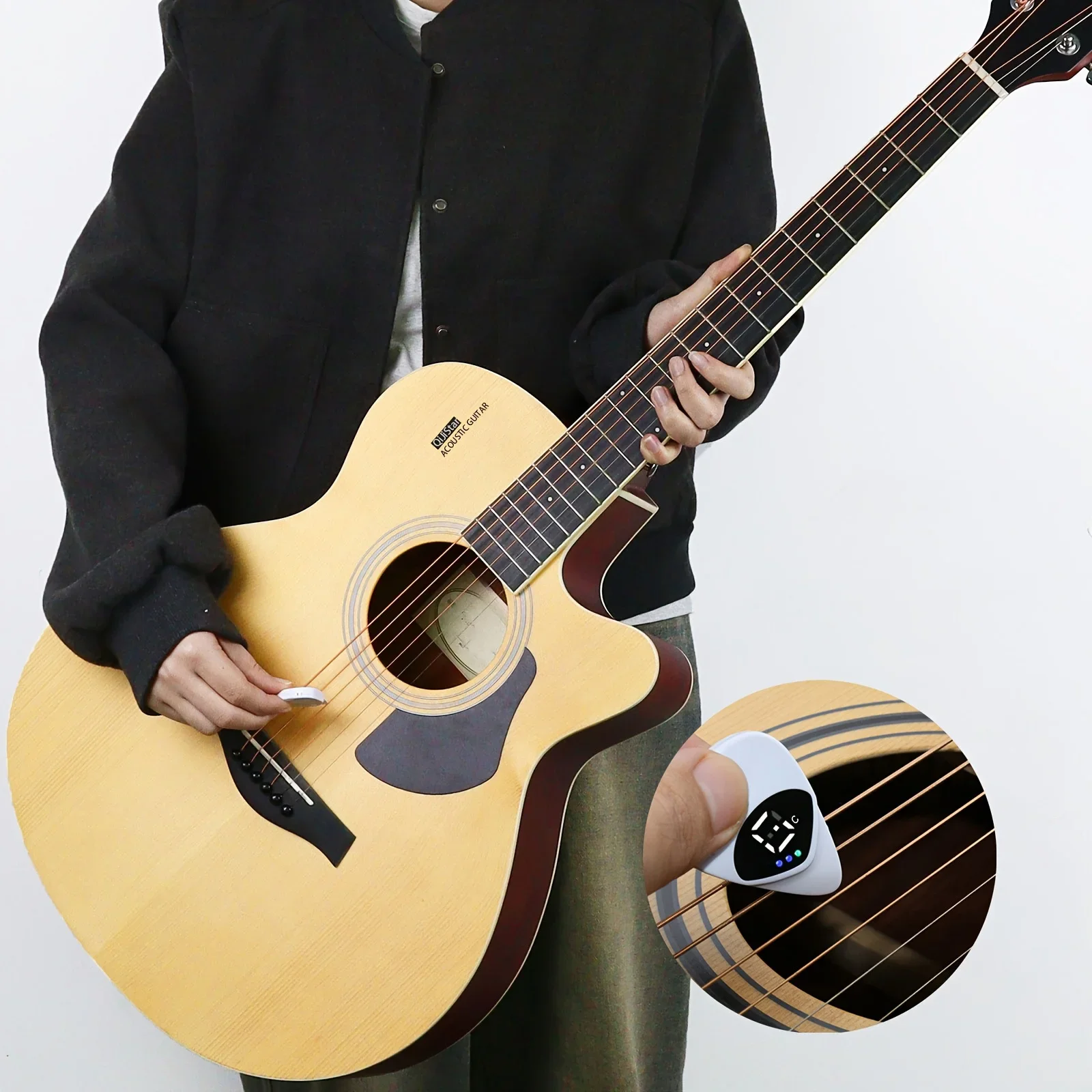 2-in-1 Guitar Pick and Tuner – Portable, Multi-Purpose Pitch Calibrator for Folk Guitars and Ukuleles, 12-Tone Equal