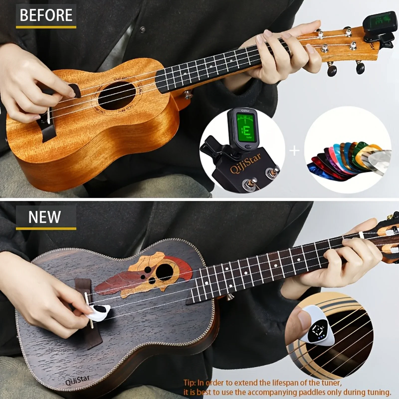 2-in-1 Guitar Pick and Tuner – Portable, Multi-Purpose Pitch Calibrator for Folk Guitars and Ukuleles, 12-Tone Equal