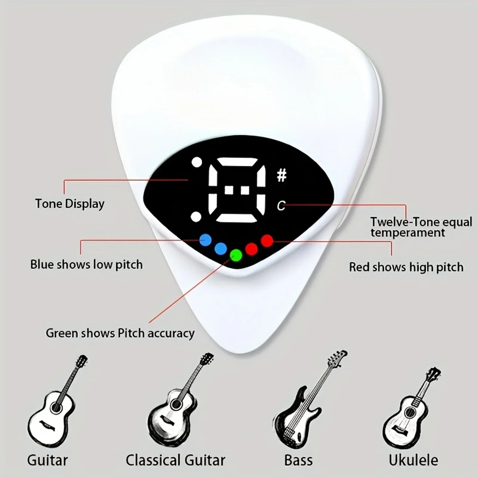 2-in-1 Guitar Pick and Tuner – Portable, Multi-Purpose Pitch Calibrator for Folk Guitars and Ukuleles, 12-Tone Equal