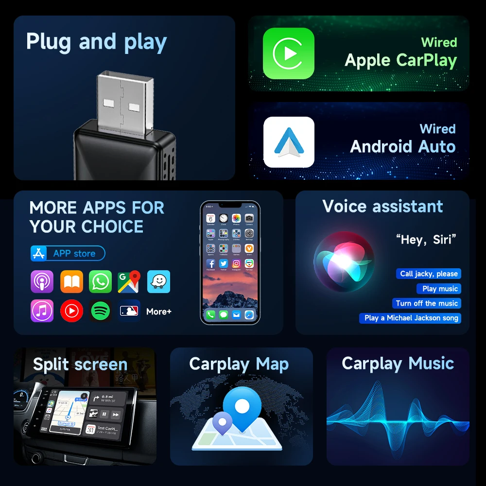 2 in 1 Mini AI Box Wired to Wireless Carplay and Android Auto Compatible with all Cars Plug and Play Smart Dongle