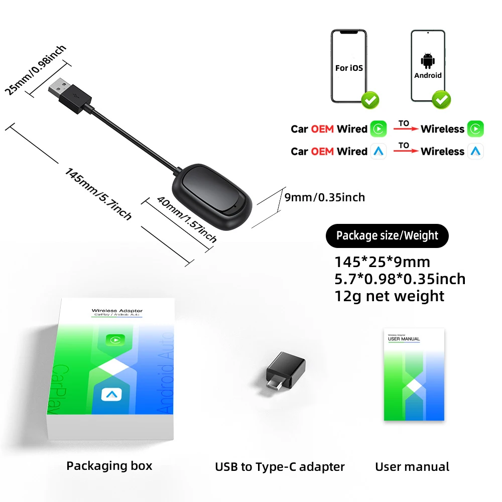 2 In1 CarPlay and Android Auto Mini Box Wireless CarPlay Adapter Wired to Wireless CarPlay For USB/Type C Dongle