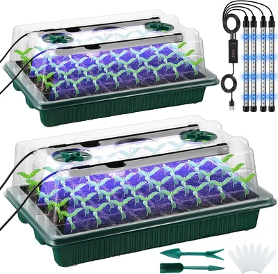 2 Packs of Seed Starter Trays With High Dome Germination Kit – 80 Cells, 4 LED Grow Lights, Smart Timer & 3 Modes For