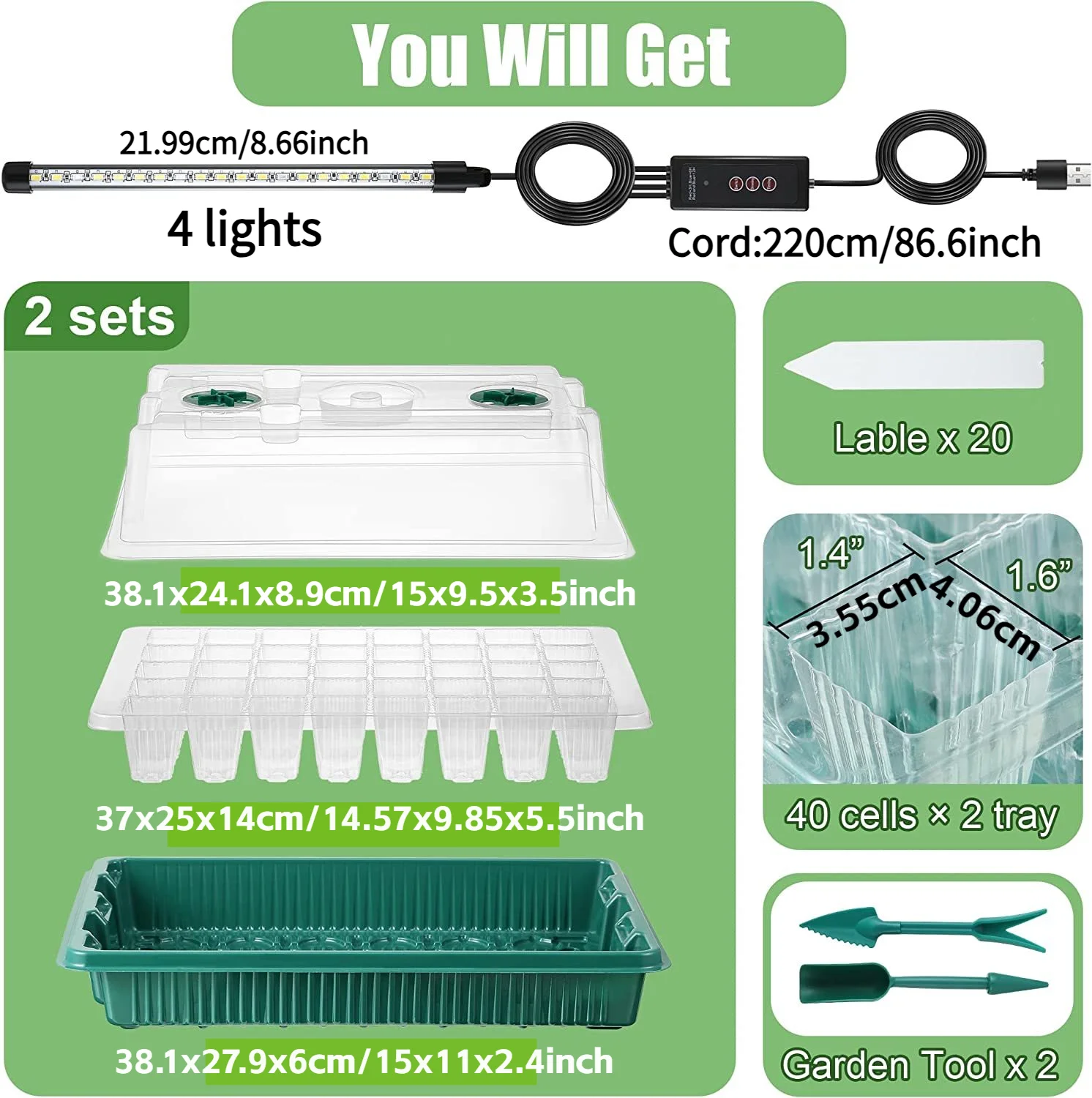 2 Packs of Seed Starter Trays With High Dome Germination Kit – 80 Cells, 4 LED Grow Lights, Smart Timer & 3 Modes For