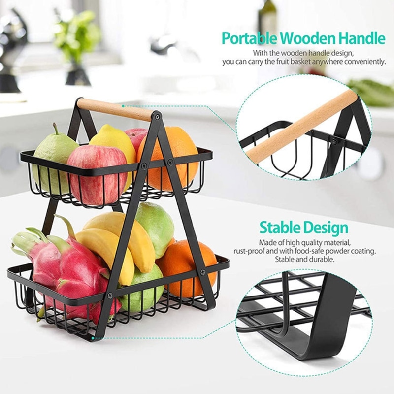 2 Tier Fruit Basket with Wooden Handle 2 Tier Fruit Basket with Wooden Handle