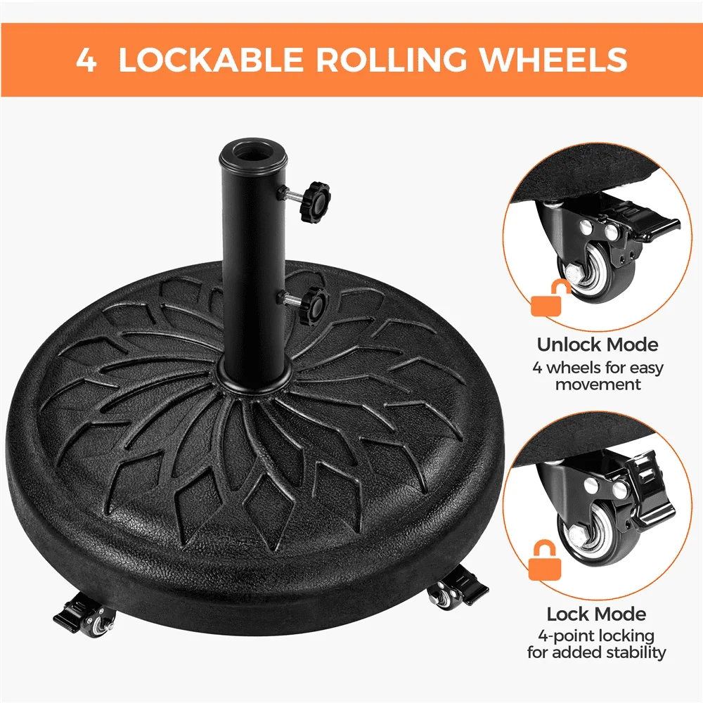 20″ Heavy Duty Patio Umbrella Base, Black Portable Stand with Castors for Outdoor Market Use