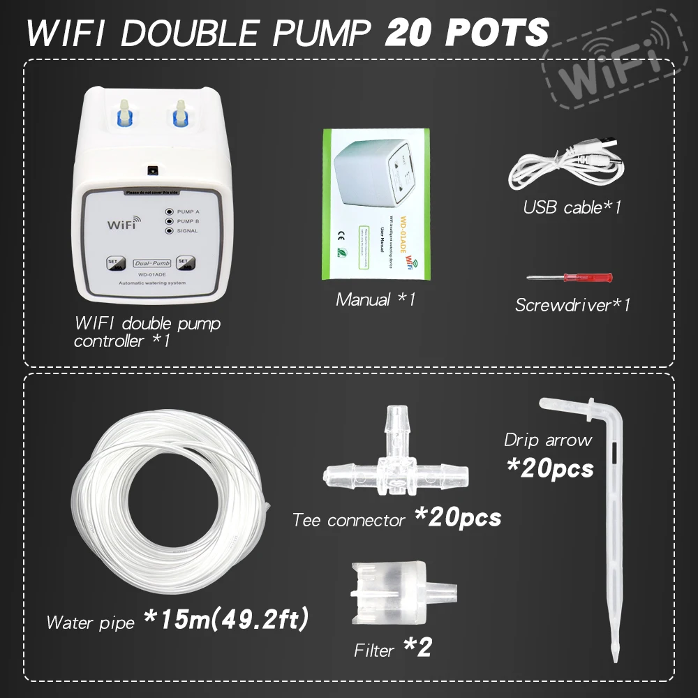 20 Pots WIFI Intelligent Watering Device Double Pump Timed Automatic Drip Irrigation System Remote APP Controller for 20 Pots WIFI Intelligent Watering Device Double Pump Timed Automatic Drip Irrigation System Remote APP Controller for