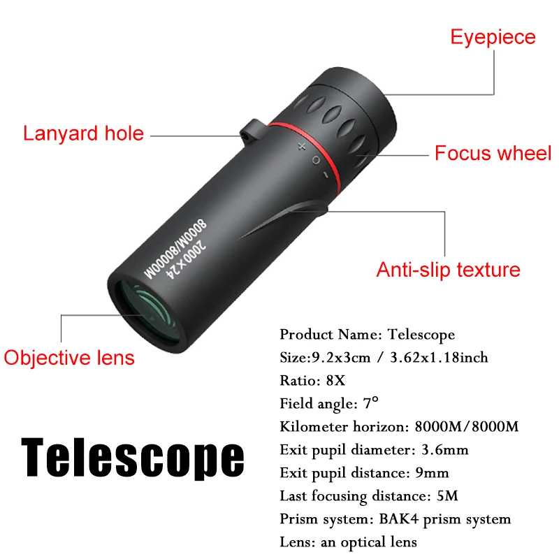2000×24 HD Monocular Telescope Outdoor Mini Portable Zoom Telescope Phone Telescope Travel Hiking Camping Birdwatching