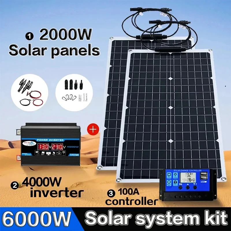 2000W Flexible Solar Panel System 12V Battery Charger Controller 4000W Inverter Kit Complete For Home Outdoor Capming