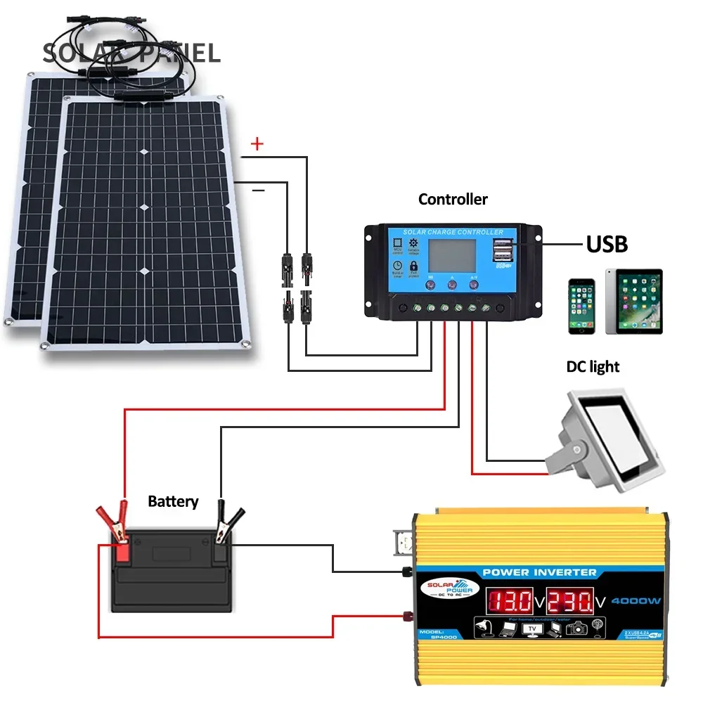 2000W Flexible Solar Panel System 12V Battery Charger Controller 4000W Inverter Kit Complete For Home Outdoor Capming