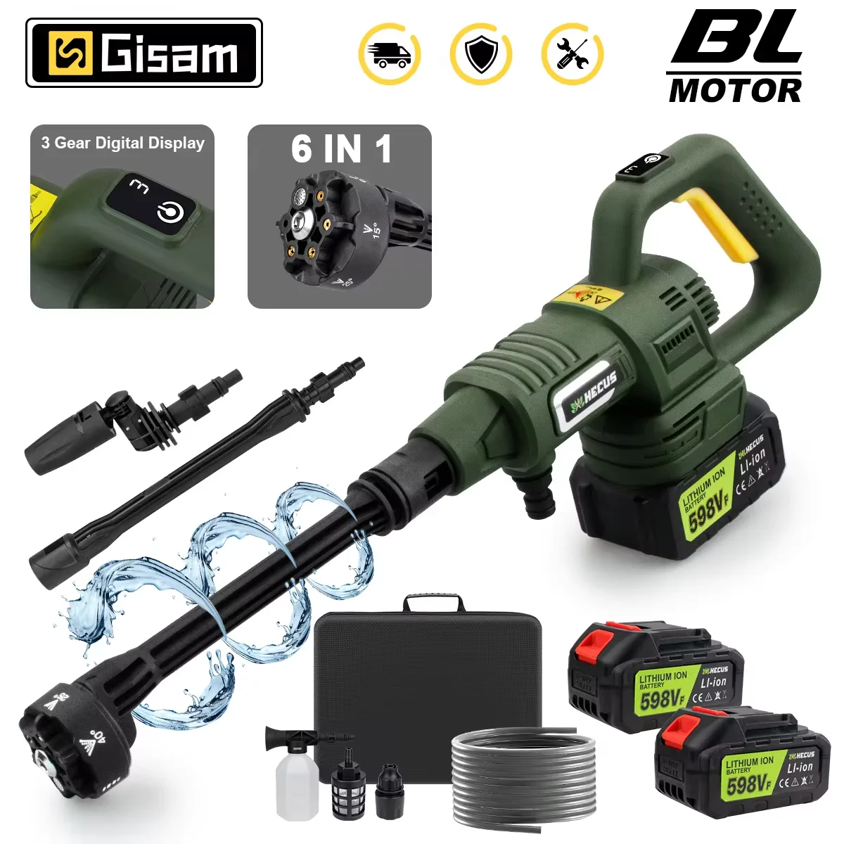 200Bar 3 Gears Digital Display Brushless Electric High Pressure Washer 6 IN 1 Car Washing Gun Water Gun for Makita 18V