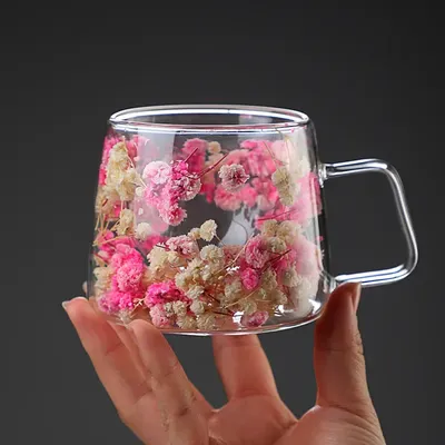200ML Coffee Cup with Handle Double Wall Dry Flowers Style Transparent Glass Heat Insulation High Temperature Juice