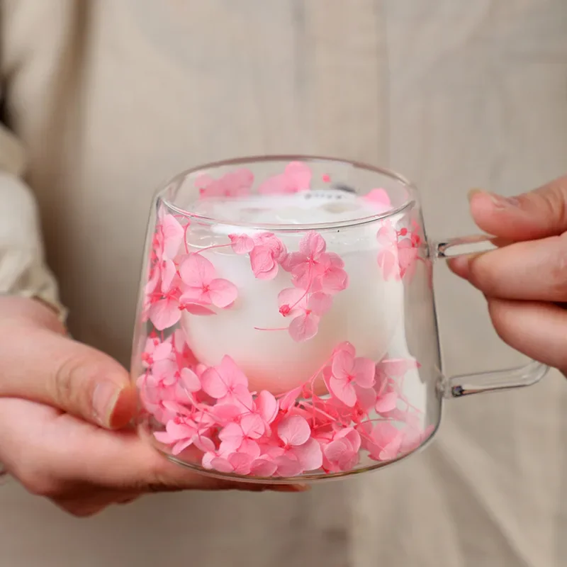 200ML Coffee Cup with Handle Double Wall Dry Flowers Style Transparent Glass Heat Insulation High Temperature Juice
