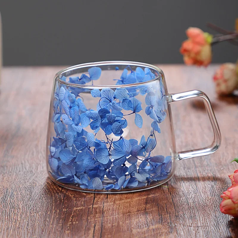 200ML Coffee Cup with Handle Double Wall Dry Flowers Style Transparent Glass Heat Insulation High Temperature Juice