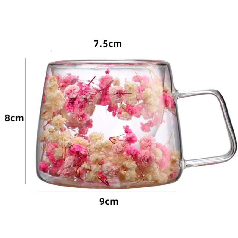 200ML Coffee Cup with Handle Double Wall Dry Flowers Style Transparent Glass Heat Insulation High Temperature Juice