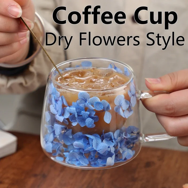 200ML Coffee Cup with Handle Double Wall Dry Flowers Style Transparent Glass Heat Insulation High Temperature Juice
