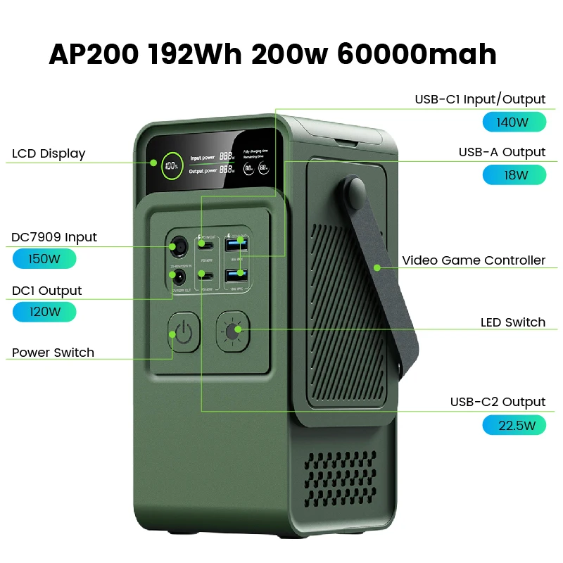 200W Power Bank 192Wh Lifepo4 Battery 60000mAh Solar Generator for Camping Portable Power Station LED Light