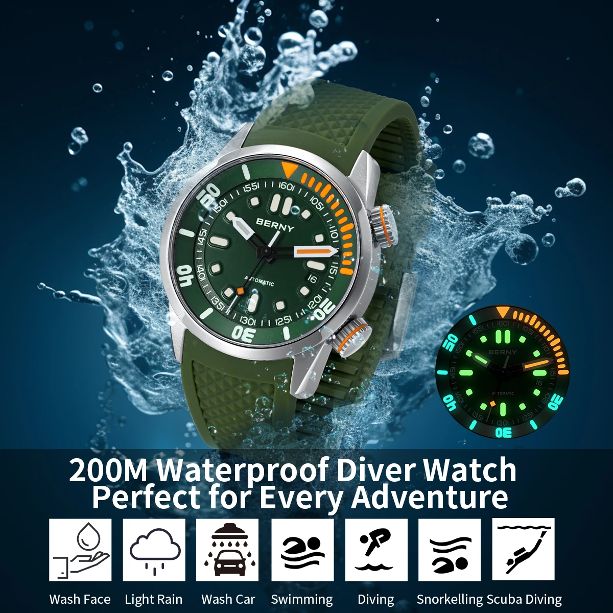 20Bar Diver Men Mechanical Watch Miyota 8215 Super Luminous Sapphire Swiming Automatic Self Wind Silicone Men Wristwatch