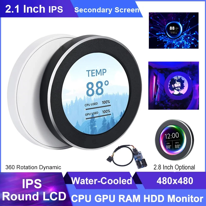 2.1 Inch IPS Secondary Screen 480×480 USB Water-Cooled Round LCD CPU GPU RAM HDD Monitoring Freely AIDA64 MINI PC Gamer