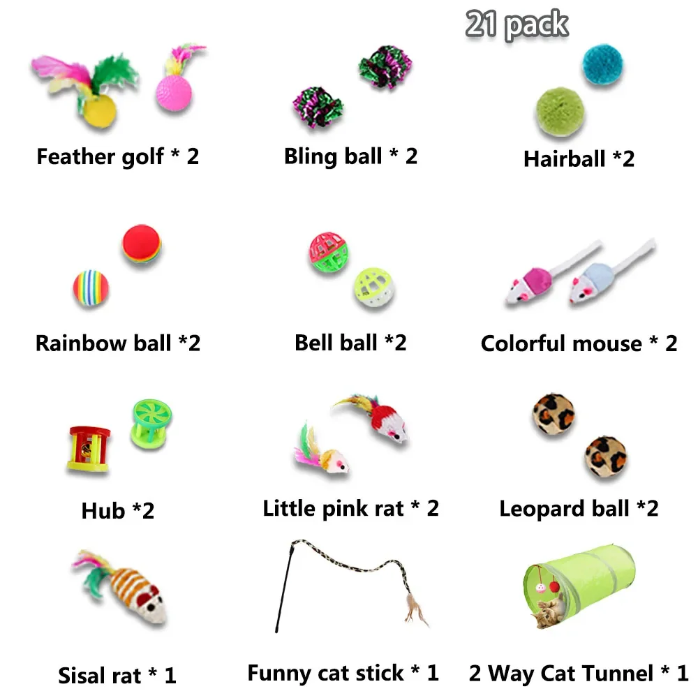 21 pack Kitten Toys Variety Pack-Pet Cat Toys Combination Set Cat Toy Funny Cat Stick Sisal Mouse Bell Ball Cat Supplies