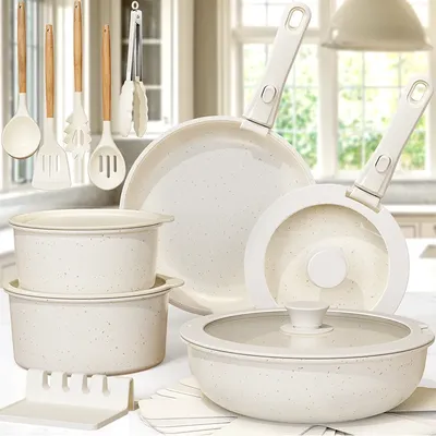 21 Piece Pots and Pans Set Non-Stick, Astercook Ceramic Cookware Set with Sensor Handles, Milky white 21 Piece Pots and Pans Set Non-Stick, Astercook Ceramic Cookware Set with Sensor Handles, Milky white