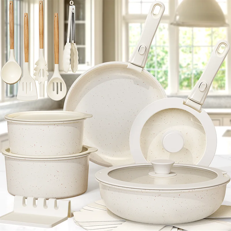 21 Piece Pots and Pans Set Non-Stick, Astercook Ceramic Cookware Set with Sensor Handles, Milky white 21 Piece Pots and Pans Set Non-Stick, Astercook Ceramic Cookware Set with Sensor Handles, Milky white