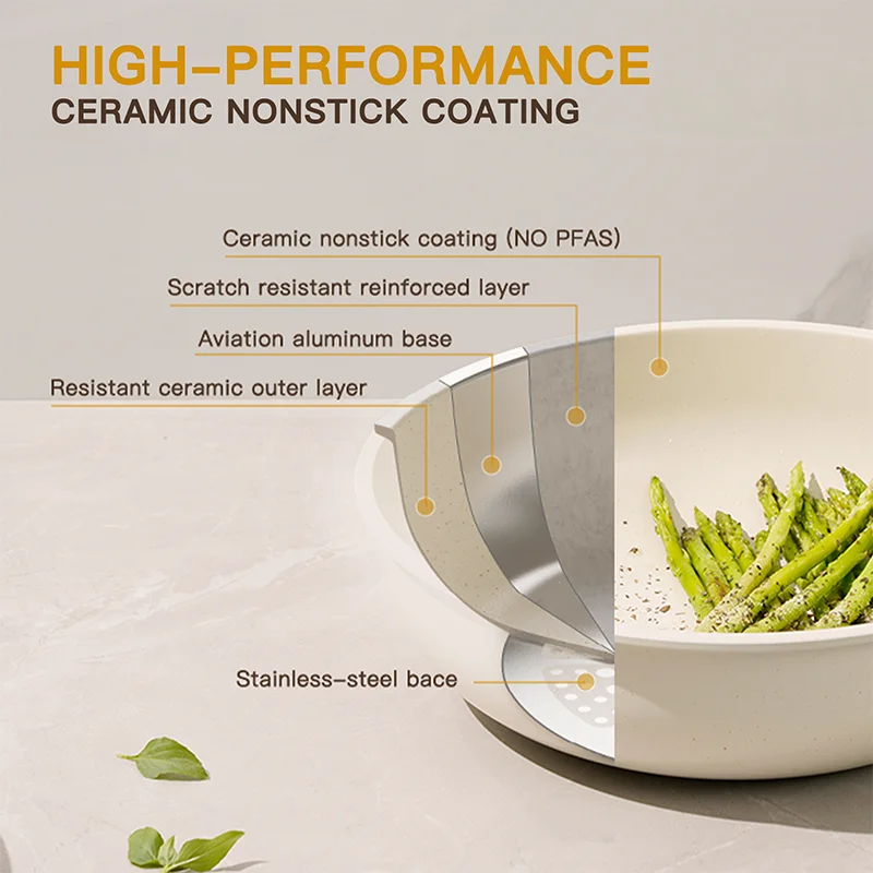 21 Piece Pots and Pans Set Non-Stick, Astercook Ceramic Cookware Set with Sensor Handles, Milky white 21 Piece Pots and Pans Set Non-Stick, Astercook Ceramic Cookware Set with Sensor Handles, Milky white
