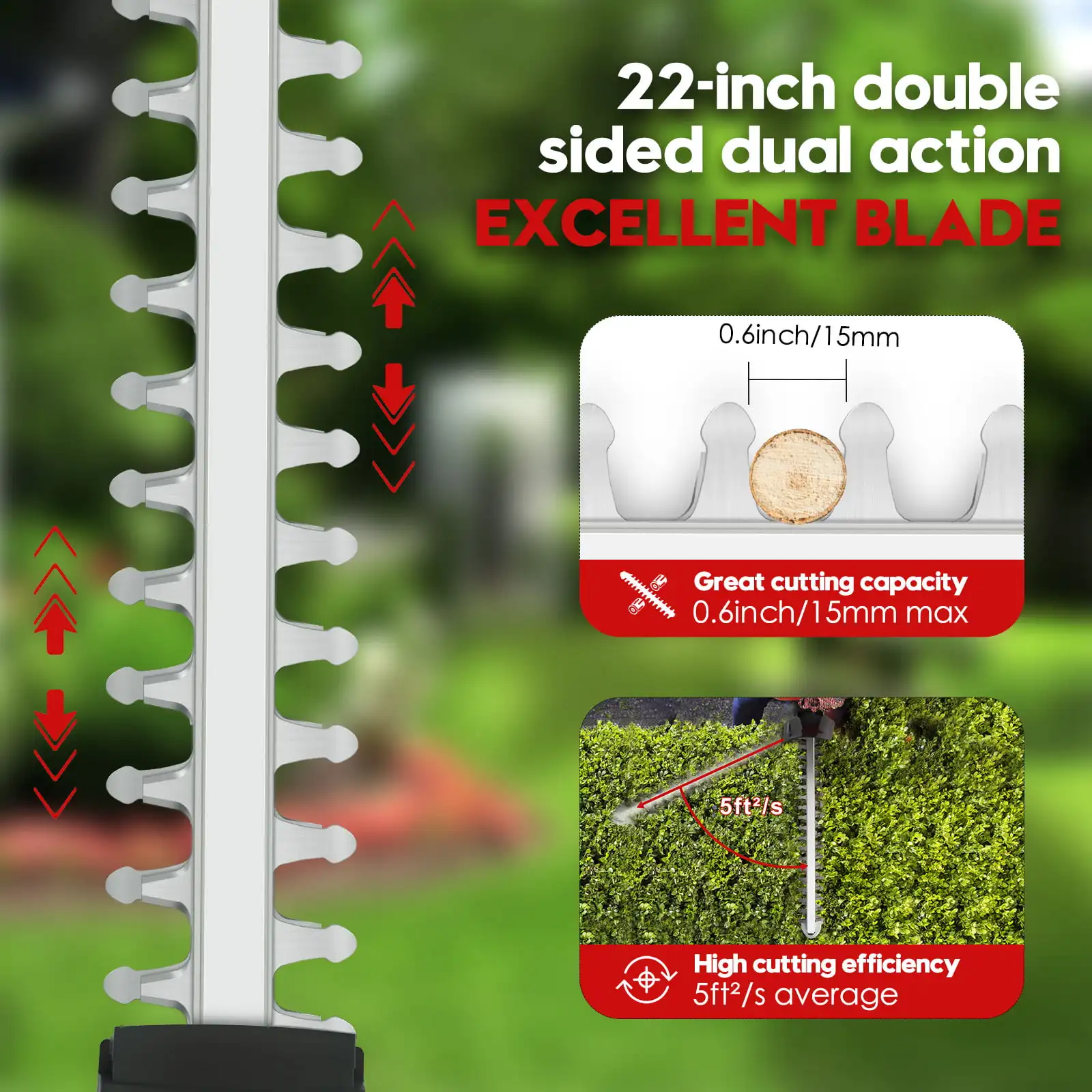 21V Cordless Hedge Trimmer 22 Inch Electric Hedge Trimmer with 3.0Ah Battery and Charger with Dual Action Blade 3/5″ 21V Cordless Hedge Trimmer 22 Inch Electric Hedge Trimmer with 3.0Ah Battery and Charger with Dual Action Blade 3/5″