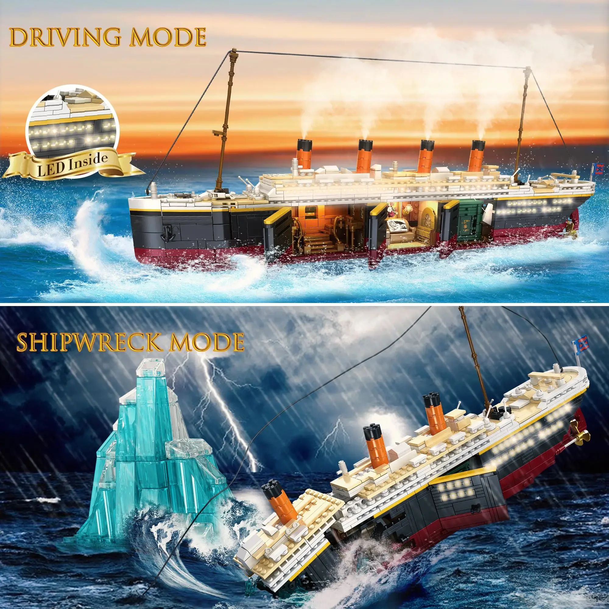 2288PCS Titanic Model Creative Luxury Cruise Ship Set City Boat Building Blocks with Lights Bricks Toys for Children