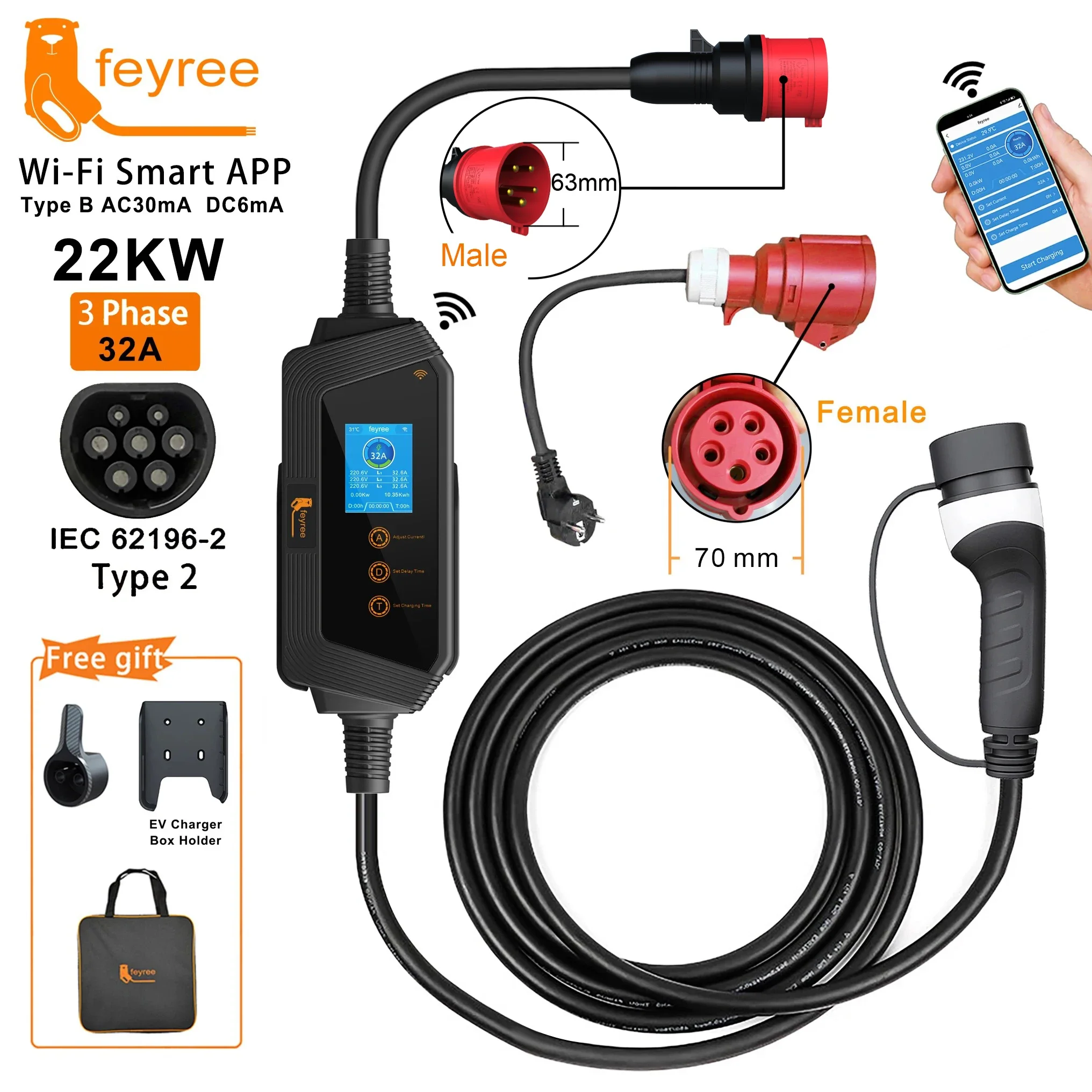 22KW 32A 3Phase Type2 Portable EV Charger Wi-Fi APP Control EVSE Charging Box Charging Station for Electric Car Charger 22KW 32A 3Phase Type2 Portable EV Charger Wi-Fi APP Control EVSE Charging Box Charging Station for Electric Car Charger
