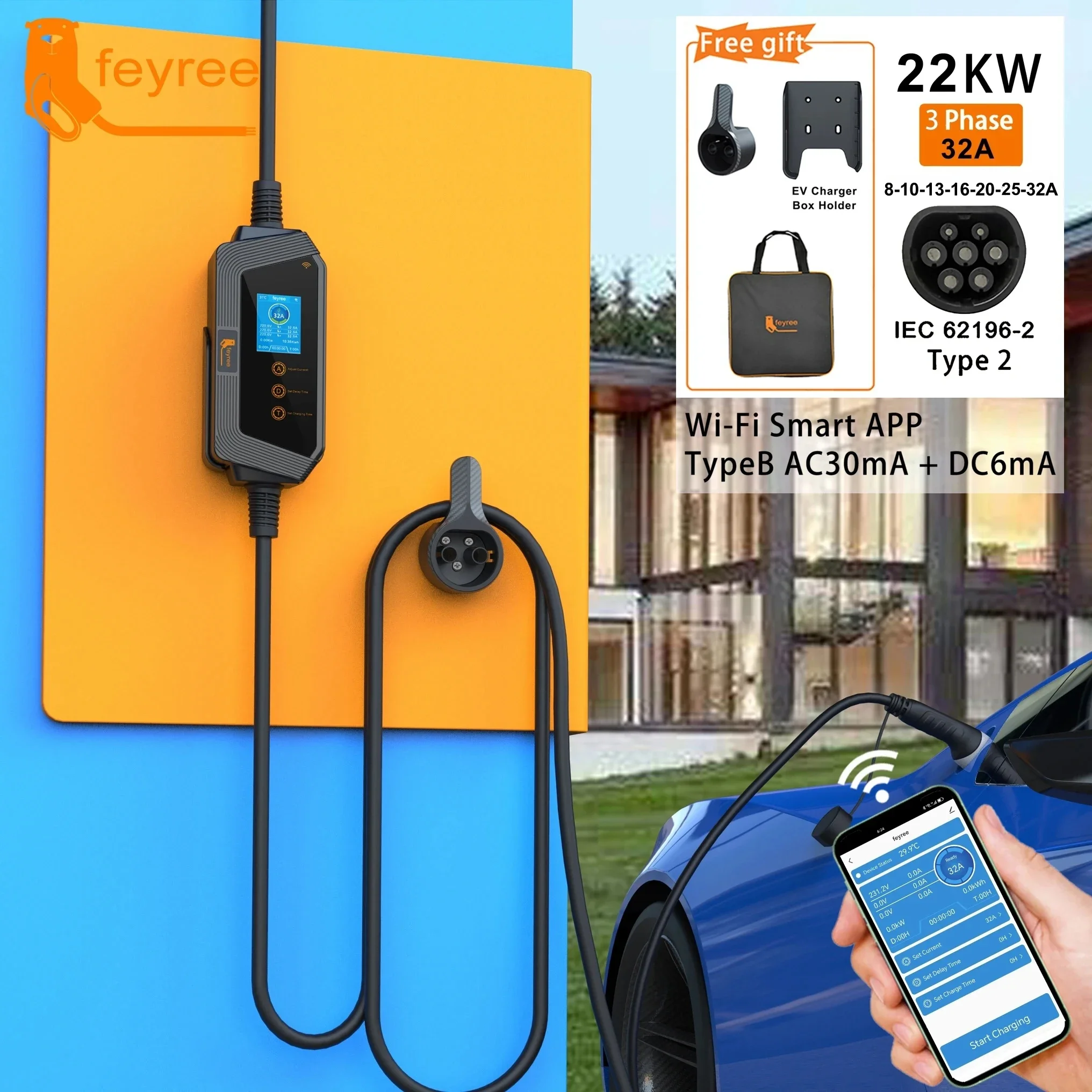 22KW 32A 3Phase Type2 Portable EV Charger Wi-Fi APP Control EVSE Charging Box Charging Station for Electric Car Charger 22KW 32A 3Phase Type2 Portable EV Charger Wi-Fi APP Control EVSE Charging Box Charging Station for Electric Car Charger