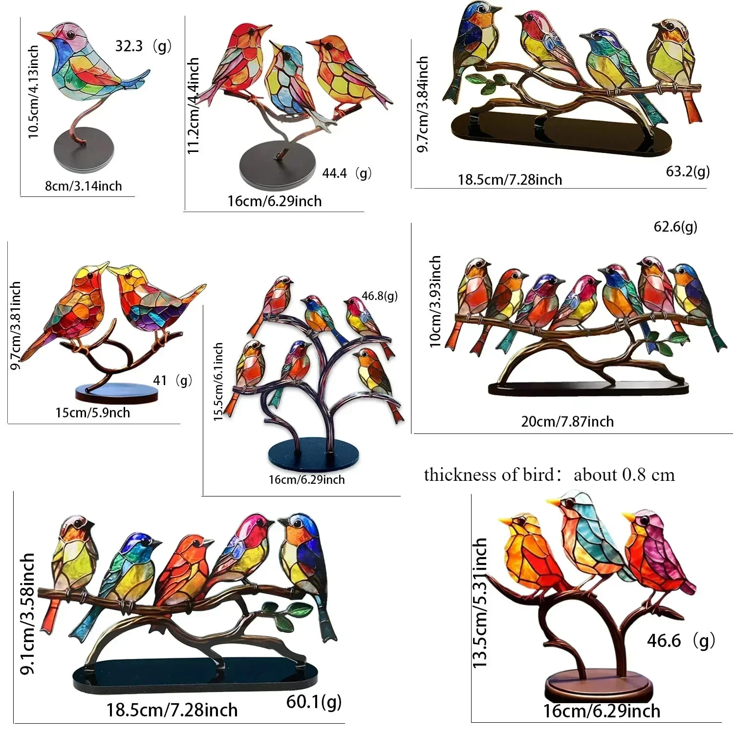 2/3/5 Multicolor Birds Stained 2D Acrylic Birds on Branch Desktop Ornaments Double Sided Multicolor Style Craft Statue 2/3/5 Multicolor Birds Stained 2D Acrylic Birds on Branch Desktop Ornaments Double Sided Multicolor Style Craft Statue