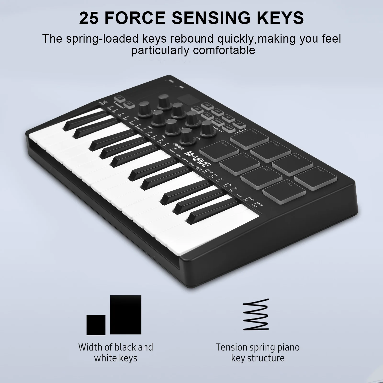 25-Key MIDI Control Keyboard Mini Portable USB with 25 Velocity Sensitive Keys 8 RGB Backlit Pads 8 Knobs MIDI Keyboard 25-Key MIDI Control Keyboard Mini Portable USB with 25 Velocity Sensitive Keys 8 RGB Backlit Pads 8 Knobs MIDI Keyboard