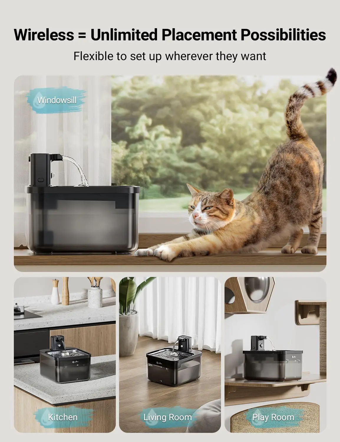 2.5L Automatic Stainless Steel Cat Water Fountain 4000mAh Wireless Pet Drinker Battery and Sensor 2 in 1 Dispenser