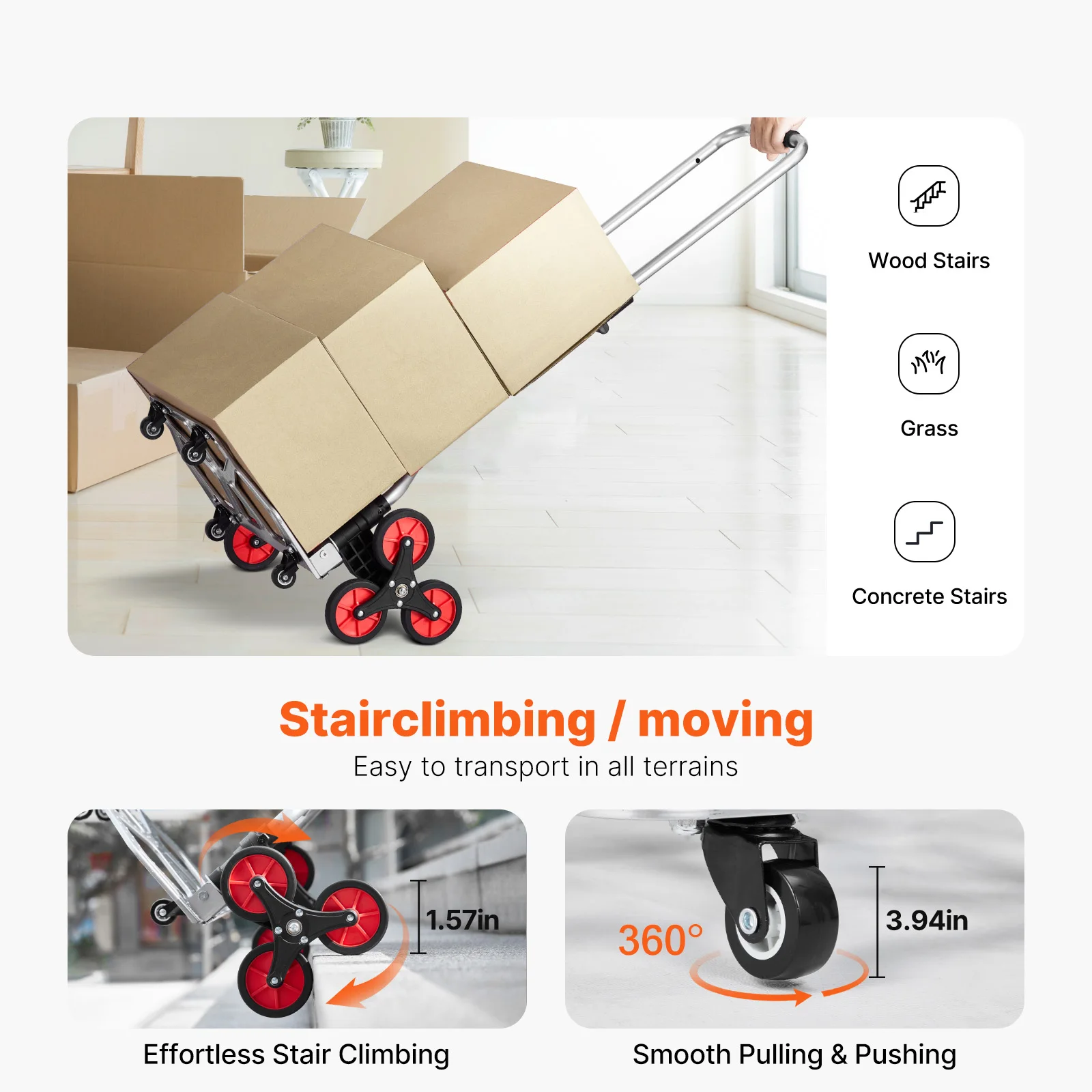 260lbs Folding Hand Truck with Telescoping Handle & 2 Elastic Ropes Stair Climbing Cart Dolly for Warehouse Moving