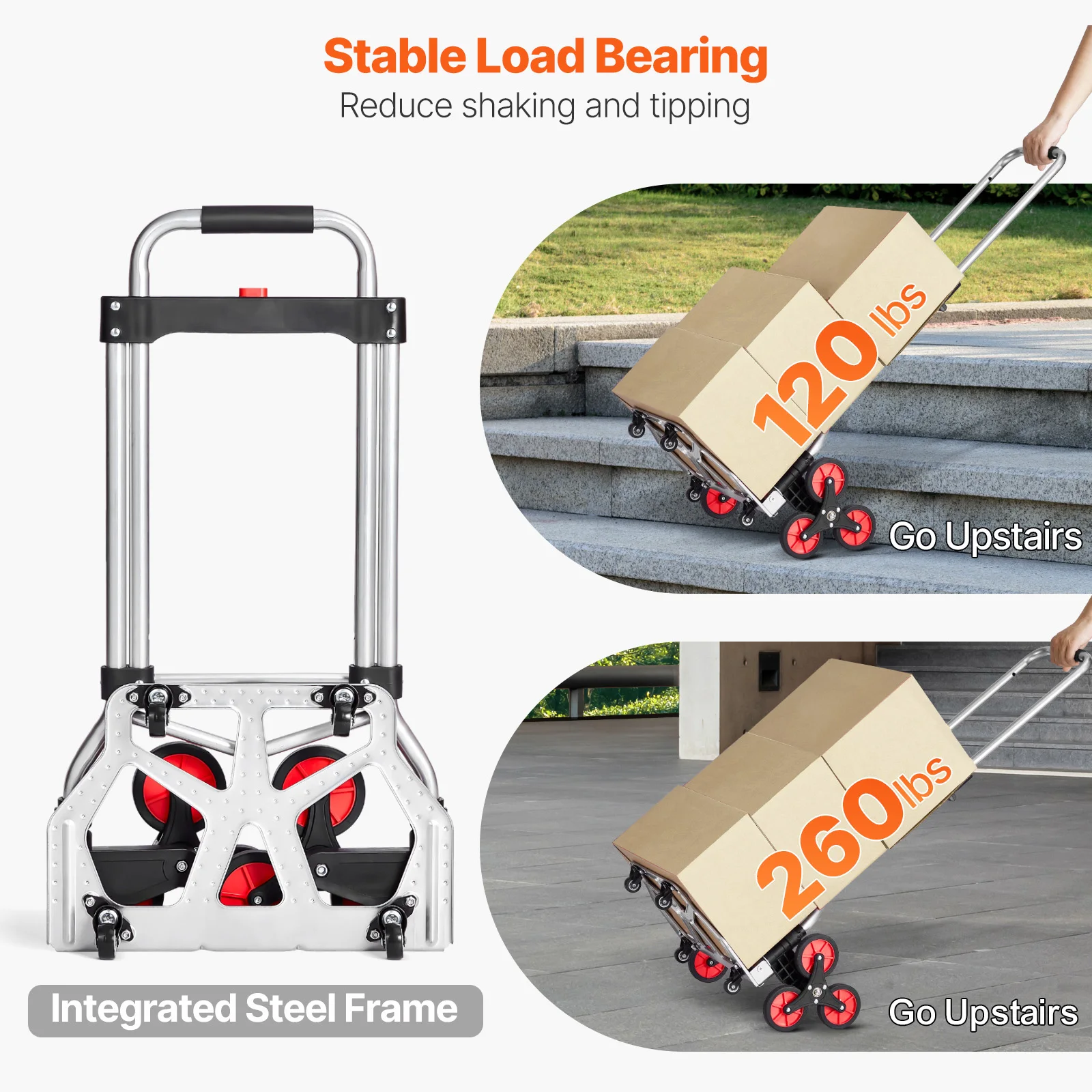 260lbs Folding Hand Truck with Telescoping Handle & 2 Elastic Ropes Stair Climbing Cart Dolly for Warehouse Moving