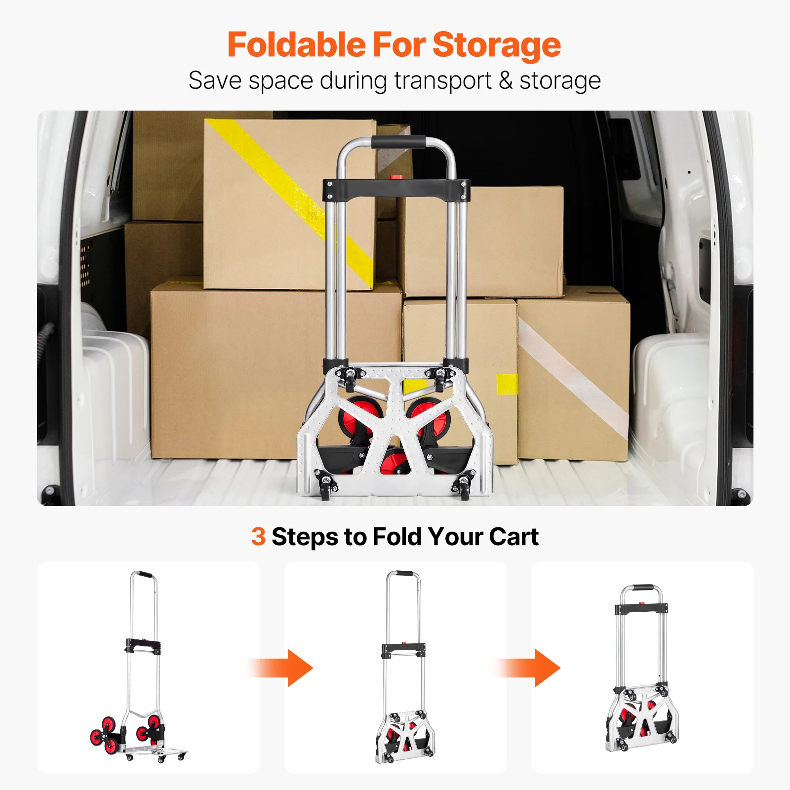 260lbs Folding Hand Truck with Telescoping Handle & 2 Elastic Ropes Stair Climbing Cart Dolly for Warehouse Moving