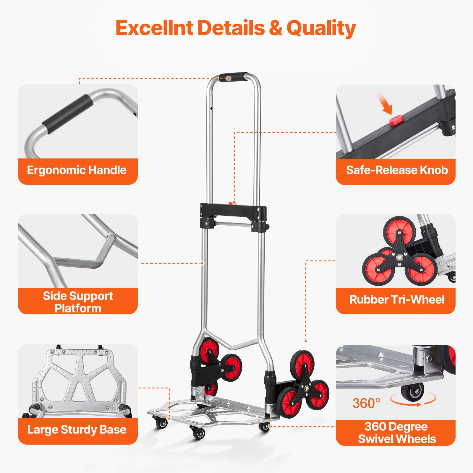 260lbs Folding Hand Truck with Telescoping Handle & 2 Elastic Ropes Stair Climbing Cart Dolly for Warehouse Moving