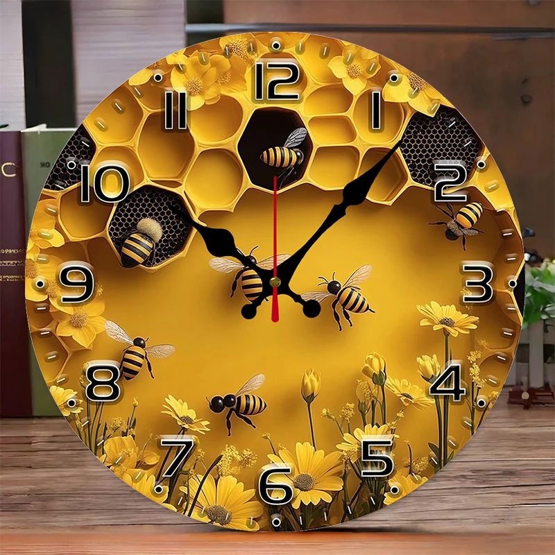 2D Flat Bee Honeycomb Wooden Round Silent Hanging Wall Clock,Suitable for Living Room,Office,Study Room,Bedroom,Home 2D Flat Bee Honeycomb Wooden Round Silent Hanging Wall Clock,Suitable for Living Room,Office,Study Room,Bedroom,Home