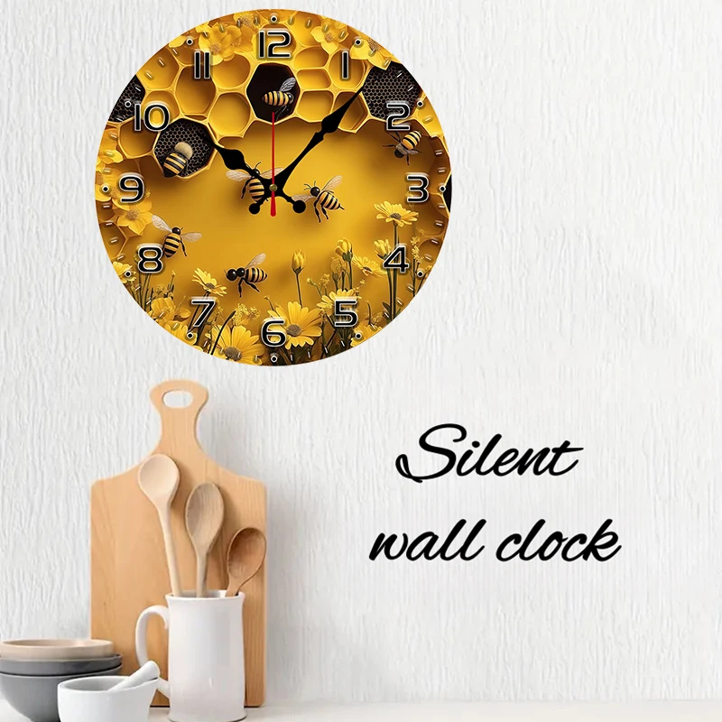 2D Flat Bee Honeycomb Wooden Round Silent Hanging Wall Clock,Suitable for Living Room,Office,Study Room,Bedroom,Home 2D Flat Bee Honeycomb Wooden Round Silent Hanging Wall Clock,Suitable for Living Room,Office,Study Room,Bedroom,Home