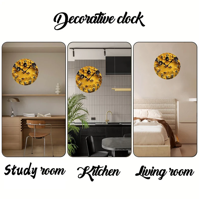 2D Flat Bee Honeycomb Wooden Round Silent Hanging Wall Clock,Suitable for Living Room,Office,Study Room,Bedroom,Home 2D Flat Bee Honeycomb Wooden Round Silent Hanging Wall Clock,Suitable for Living Room,Office,Study Room,Bedroom,Home