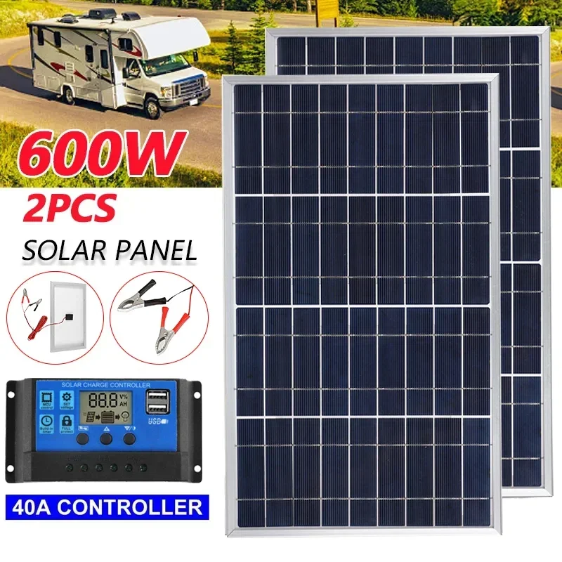 2pcs 600W Solar Panel Kit Complete 12V Polycrystalline USB Power Portable Outdoor Rechargeable Solar Cell Solar 2pcs 600W Solar Panel Kit Complete 12V Polycrystalline USB Power Portable Outdoor Rechargeable Solar Cell Solar