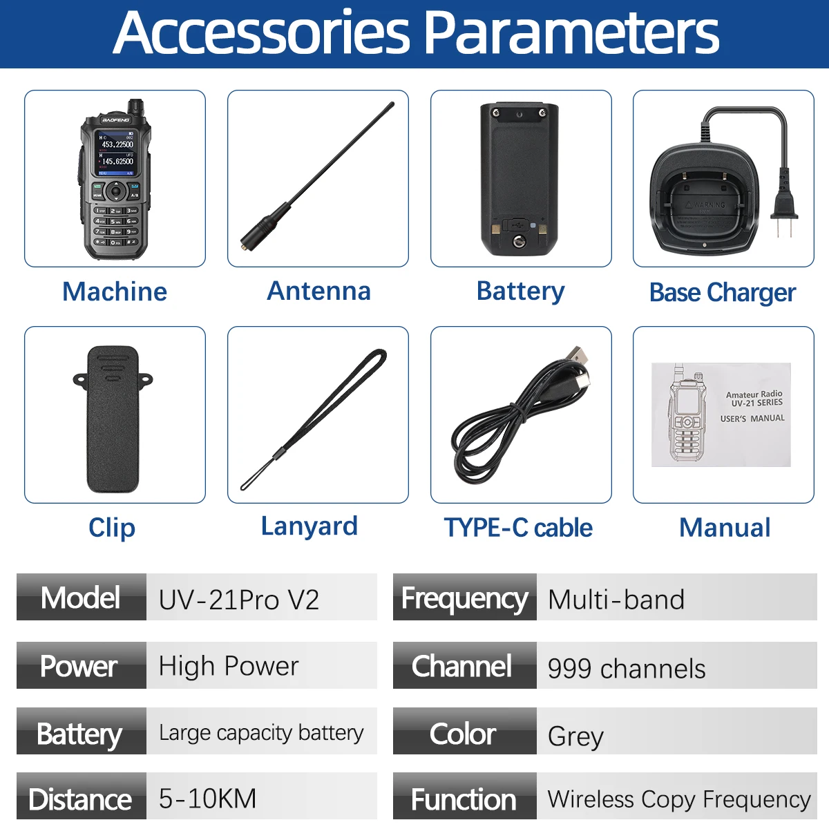 2PCS Baofeng UV-21 Pro Walkie Talkie Multi Band Wireless Copy Frequency Long Range 999CH AM High Power UV 5R K6 5RH Ham